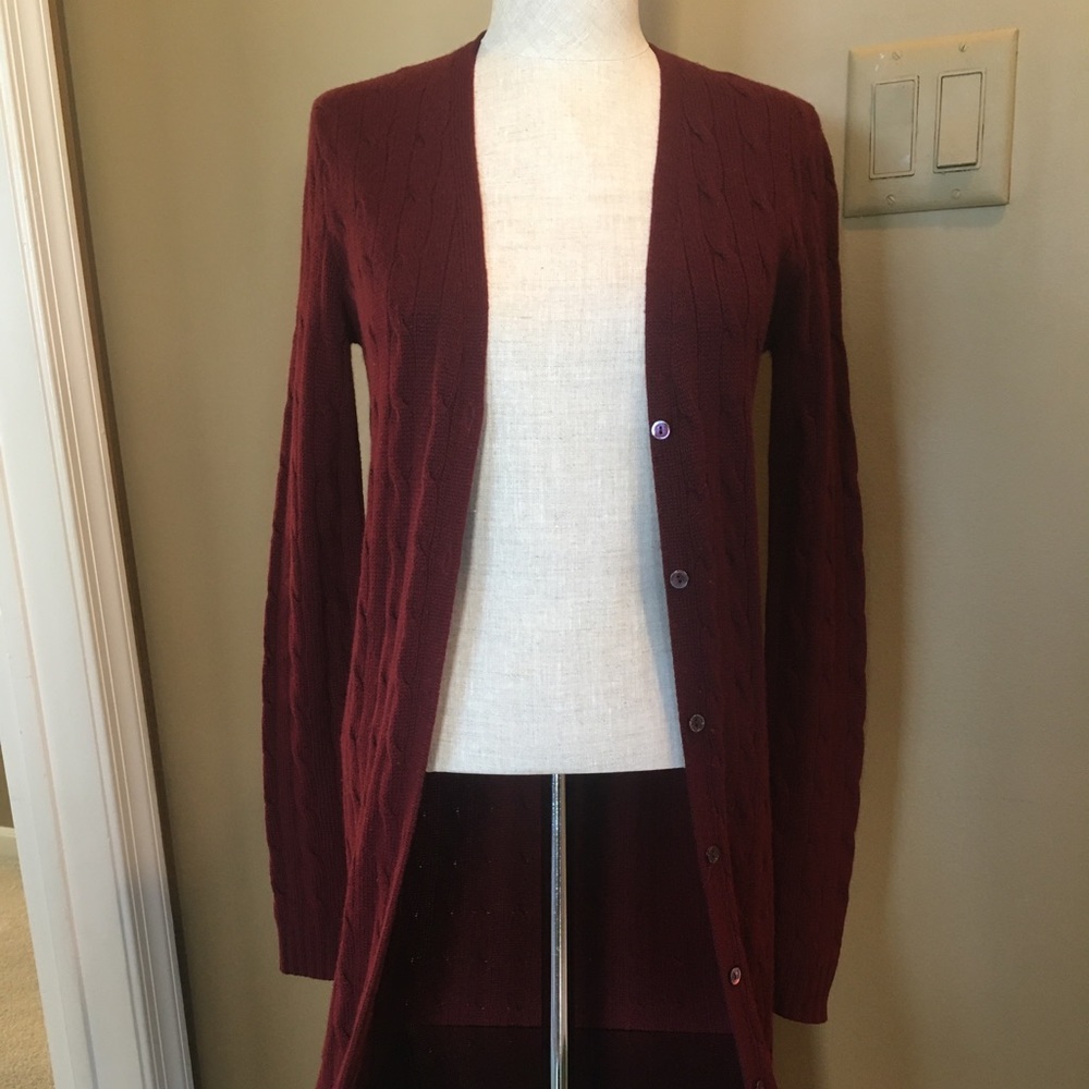 RL long cable-knit cashmere cardigan burgundy